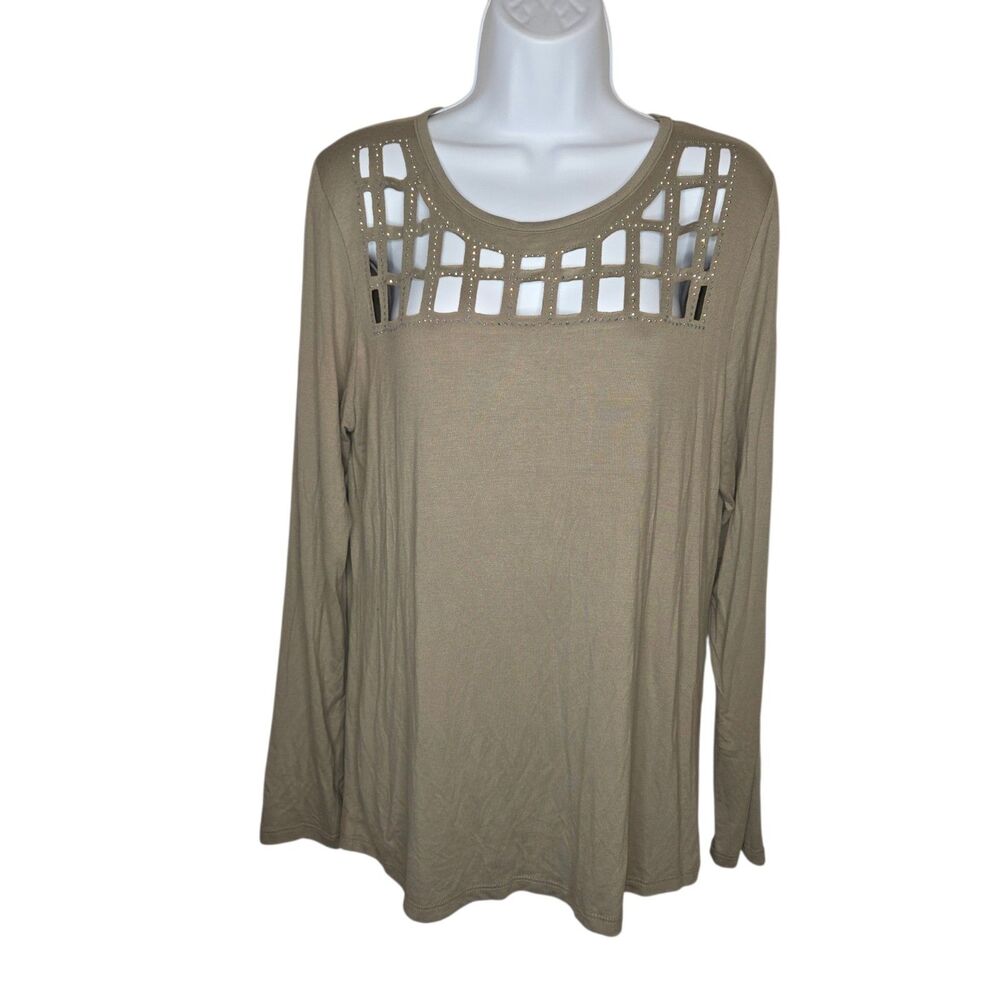 ​VOCAL USA Khaki Lattice Cutout Rhinestone Long Sleeve Top XL NWOT